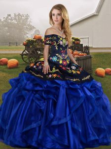 Cute Blue And Black Off The Shoulder Neckline Embroidery and Ruffles Sweet 16 Dresses Sleeveless Lace Up