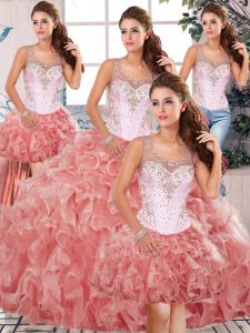 Floor Length Clasp Handle Sweet 16 Dresses Watermelon Red for Military Ball and Sweet 16 and Quinceanera with Beading and Ruffles