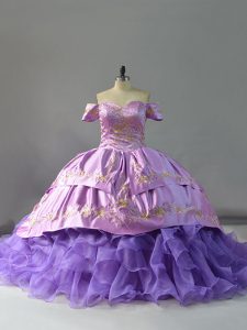 Enchanting Lavender Off The Shoulder Neckline Embroidery and Ruffles Quince Ball Gowns Sleeveless Lace Up