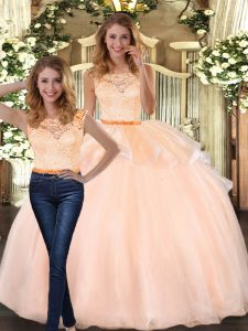 Sleeveless Organza Floor Length Zipper Ball Gown Prom Dress in Peach with Lace