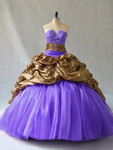 Fantastic Lavender Organza and Printed Lace Up V-neck Sleeveless Quinceanera Gown Brush Train Beading and Pick Ups