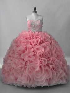 Custom Made Pink Fabric With Rolling Flowers Lace Up Sweetheart Sleeveless Quinceanera Gowns Brush Train Beading