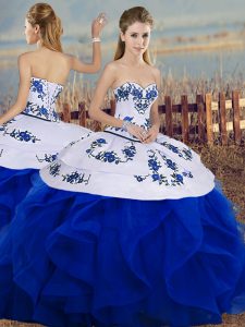 Free and Easy Royal Blue Sleeveless Floor Length Embroidery and Ruffles and Bowknot Lace Up Sweet 16 Dress