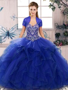 Royal Blue Off The Shoulder Lace Up Beading and Ruffles Quince Ball Gowns Sleeveless