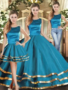 Floor Length Lace Up Quinceanera Dress Teal for Military Ball and Sweet 16 and Quinceanera with Ruffled Layers