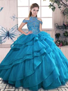 Fitting Floor Length Ball Gowns Sleeveless Blue Quince Ball Gowns Lace Up