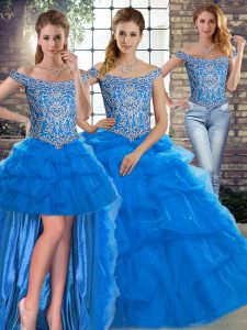 Custom Designed Blue Off The Shoulder Lace Up Beading and Pick Ups Sweet 16 Dresses Brush Train Sleeveless
