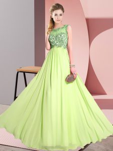 Flirting Yellow Green Sleeveless Chiffon Backless Dama Dress for Quinceanera for Wedding Party