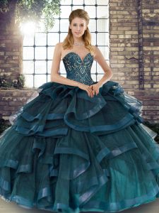 Sweet Floor Length Lace Up Ball Gown Prom Dress Teal for Military Ball and Sweet 16 and Quinceanera with Beading and Ruffles