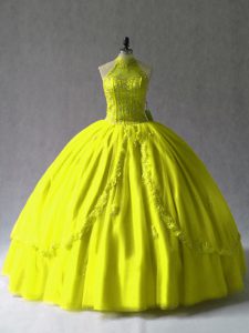 Pretty Ball Gowns Vestidos de Quinceanera Yellow Green Halter Top Tulle Sleeveless Floor Length Lace Up