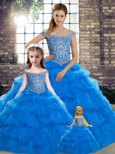 Blue Ball Gowns Off The Shoulder Sleeveless Tulle Brush Train Lace Up Beading and Pick Ups 15th Birthday Dress