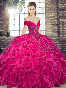 Hot Pink 15 Quinceanera Dress Military Ball and Sweet 16 and Quinceanera with Beading and Ruffles Off The Shoulder Sleeveless Lace Up
