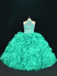 Organza Halter Top Sleeveless Lace Up Beading and Ruffles Quinceanera Gown in Turquoise