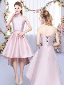 Baby Pink A-line Satin Halter Top Sleeveless Ruching High Low Lace Up Quinceanera Court of Honor Dress
