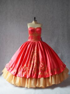 Floor Length Lace Up Quinceanera Gown Coral Red for Sweet 16 and Quinceanera with Embroidery