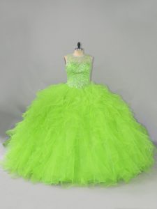 Superior Tulle Scoop Sleeveless Lace Up Beading and Ruffles Sweet 16 Dresses in