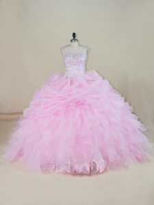 Pink Organza Backless Quinceanera Dresses Sleeveless Brush Train Beading and Ruffles
