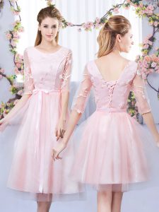 Tea Length Baby Pink Court Dresses for Sweet 16 Tulle Half Sleeves Lace and Belt