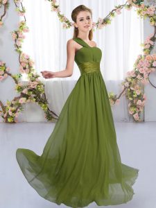 Superior One Shoulder Sleeveless Lace Up Quinceanera Court of Honor Dress Olive Green Chiffon