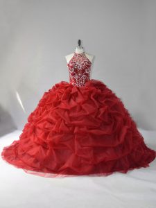 Ideal Sleeveless Organza Court Train Lace Up Sweet 16 Dress in Wine Red with Beading and Pick Ups