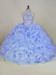 Lavender Fabric With Rolling Flowers Lace Up Ball Gown Prom Dress Sleeveless Brush Train Beading