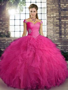 Luxurious Floor Length Lace Up Sweet 16 Dress Hot Pink for Military Ball and Sweet 16 and Quinceanera with Beading and Ruffles