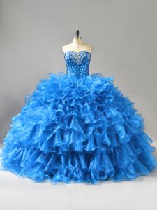 Most Popular Floor Length Blue 15 Quinceanera Dress Organza Sleeveless Beading and Ruffles and Sequins