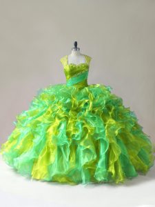 Multi-color Ball Gowns Organza Straps Sleeveless Beading and Ruffles Floor Length Zipper Quince Ball Gowns