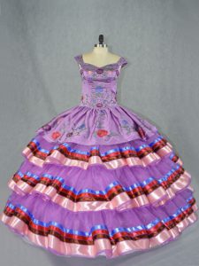 Purple Straps Neckline Embroidery and Ruffled Layers Quinceanera Gowns Sleeveless Lace Up