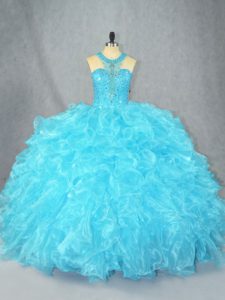 High Quality Baby Blue Scoop Zipper Beading and Ruffles Quinceanera Gowns Sleeveless