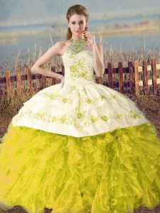 Decent Yellow Green and Yellow Halter Top Lace Up Embroidery and Ruffles Sweet 16 Dress Court Train Sleeveless
