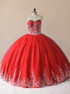 Customized Red Sleeveless Embroidery Floor Length Quinceanera Gown