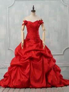 Red Quinceanera Gowns Taffeta Court Train Sleeveless Pick Ups and Hand Made Flower
