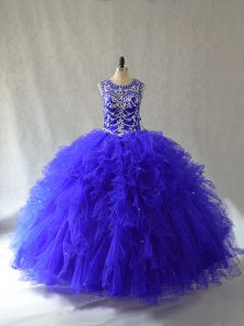 Tulle Scoop Sleeveless Lace Up Beading and Ruffles Sweet 16 Quinceanera Dress in Royal Blue
