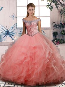 Watermelon Red Ball Gown Prom Dress Sweet 16 and Quinceanera with Beading Off The Shoulder Sleeveless Lace Up
