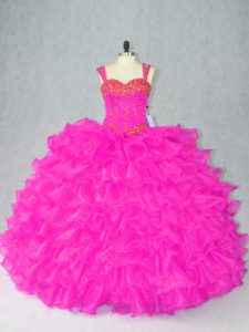 Fitting Organza Straps Sleeveless Lace Up Beading and Ruffles Quinceanera Dresses in Fuchsia