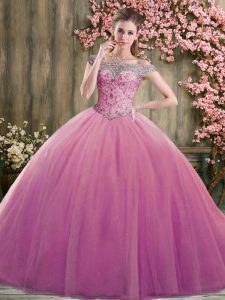 Dazzling Off The Shoulder Sleeveless Tulle Sweet 16 Dresses Beading Lace Up