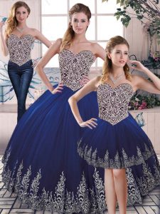 Superior Royal Blue Three Pieces Tulle Sweetheart Sleeveless Embroidery Floor Length Lace Up Quince Ball Gowns