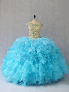 Hot Sale Sleeveless Organza Floor Length Lace Up Sweet 16 Quinceanera Dress in Baby Blue with Ruffles