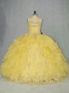 Trendy Yellow Organza Lace Up Quinceanera Dresses Sleeveless Floor Length Appliques and Ruffles