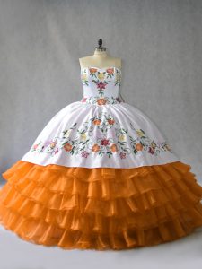 Stylish Sleeveless Floor Length Embroidery and Ruffled Layers Lace Up Vestidos de Quinceanera with Orange
