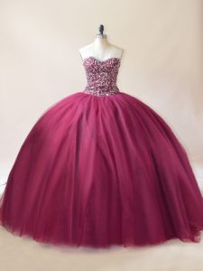 Sleeveless Floor Length Beading Lace Up Sweet 16 Dresses with Burgundy