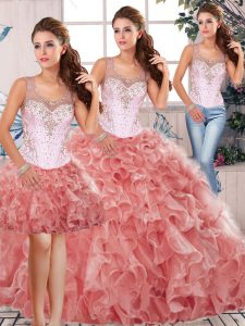 Watermelon Red Clasp Handle Sweet 16 Quinceanera Dress Beading and Ruffles Sleeveless Floor Length
