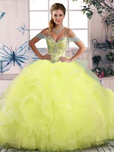 Yellow Green Ball Gowns Off The Shoulder Sleeveless Tulle Floor Length Side Zipper Beading and Ruffles Sweet 16 Quinceanera Dress