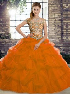 Modern Rust Red Off The Shoulder Lace Up Beading and Pick Ups 15th Birthday Dress Brush Train Sleeveless