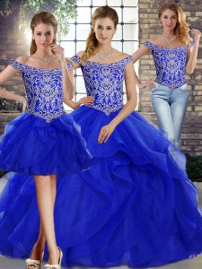 Royal Blue Tulle Lace Up 15 Quinceanera Dress Sleeveless Brush Train Beading and Ruffles