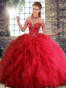 Smart Sleeveless Tulle Floor Length Lace Up Ball Gown Prom Dress in Red with Beading and Ruffles