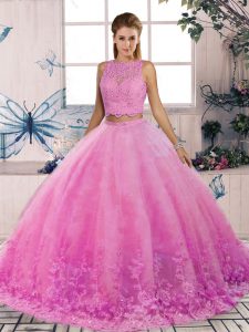 Sleeveless Tulle Sweep Train Backless 15th Birthday Dress in Rose Pink with Lace