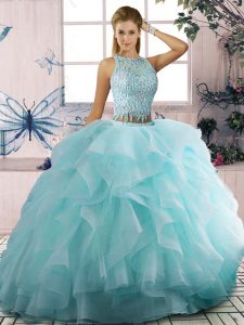 Fantastic Sleeveless Floor Length Beading and Ruffles Zipper Ball Gown Prom Dress with Aqua Blue