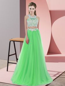 Floor Length Green Dama Dress for Quinceanera Halter Top Sleeveless Zipper